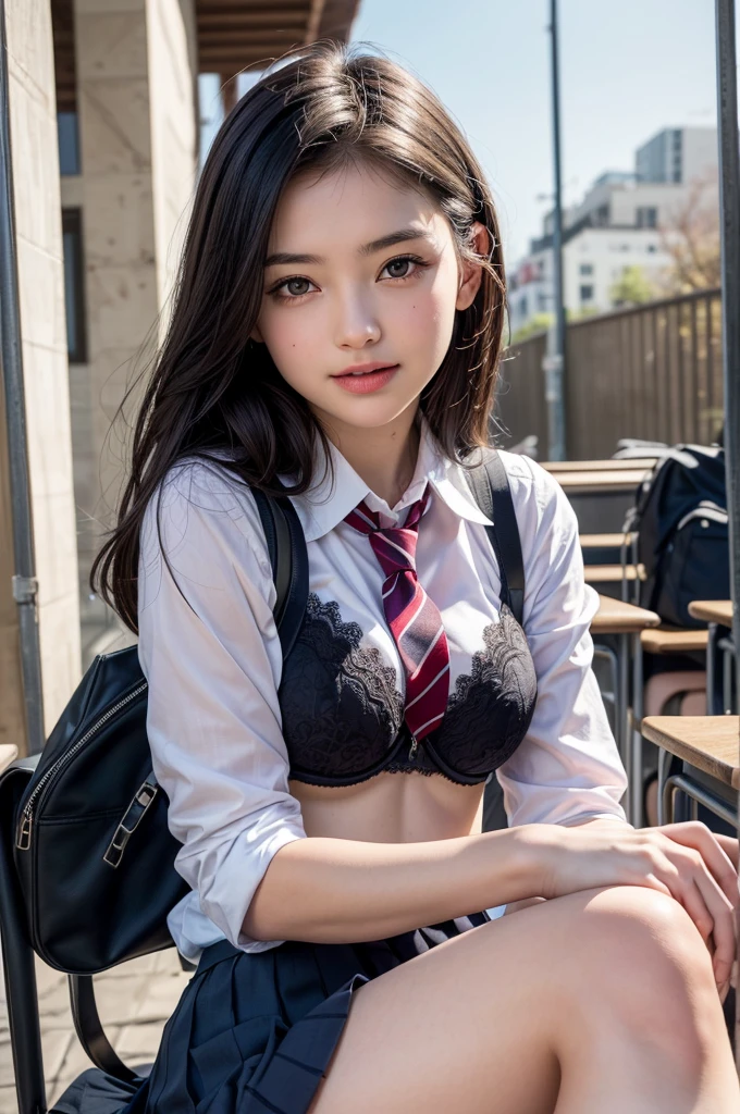 1girl, extremely cute face, Amazing face and eyes, (highly detailed eyes, highly detailed face), (hyper-realistic, hight resolution), (best Quality:1.4), Raw photo, (Realistic, Photorealsitic:1.37), Professional Photography, Cinematic Light, (lace bra:1.25), (amazing breasts:0.8), (school uniform, pleated mini skirt:1.5), (school uniform with open breasts), Smile slightly, Sitting, spread your legs wide open, Staring at me, outdoor, city, skyscraper,