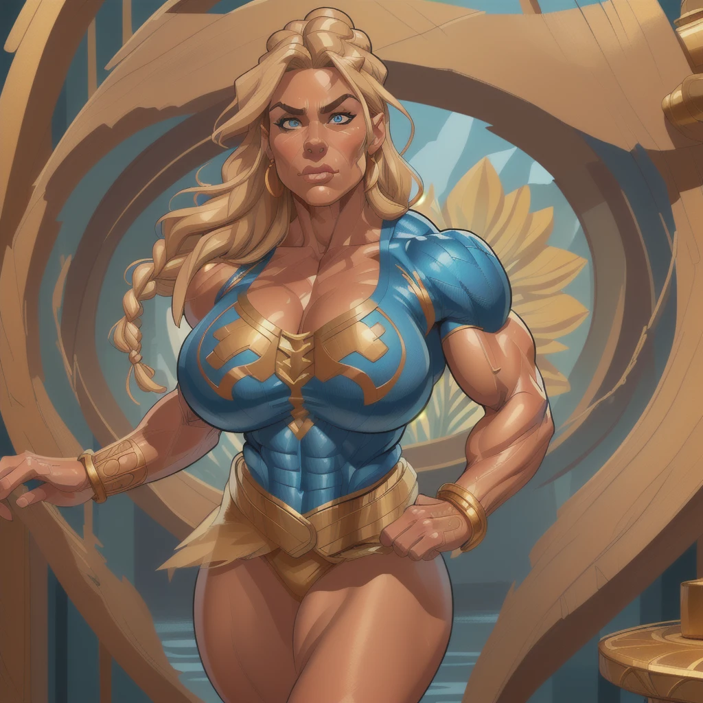 (masterpiece:1.2), (best quality), (ultra detailed), (8k, 4k, intricate),(full-body-shot:1), (highly detailed:1.2),(detailed face:1.2), (detailed background), muscle woman with blond braided hair wearing blue top and gold bracelets, muscle woman, big muscles, huge muscles, massive muscles, mature woman