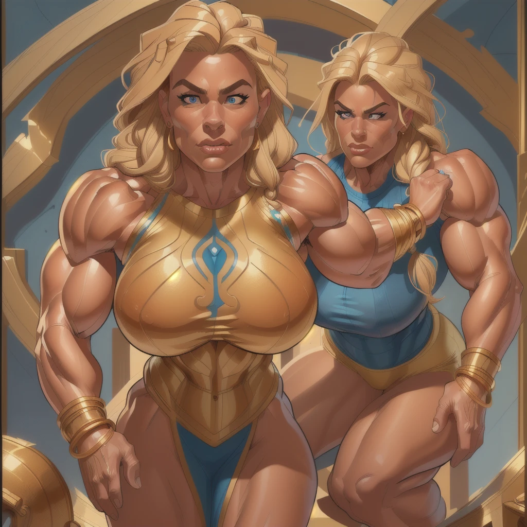 (masterpiece:1.2), (best quality), (ultra detailed), (8k, 4k, intricate),(full-body-shot:1), (highly detailed:1.2),(detailed face:1.2), (detailed background), muscle woman with blond braided hair wearing blue top and gold bracelets, muscle woman, big muscles, huge muscles, massive muscles, mature woman


