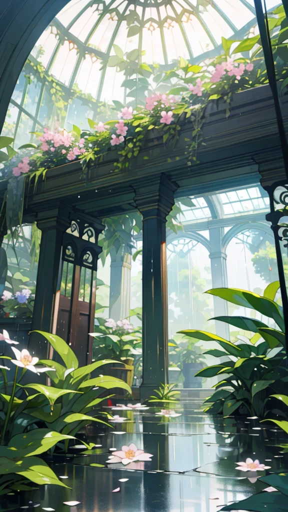 (top quality, masterpiece, ultra-realistic), rainy day, raining, wet ground, puddle, indoor botanical garden, dome, lots of flowers, dense mass plants, the background landscape is a garden with petals and puffs flying around. --v6
