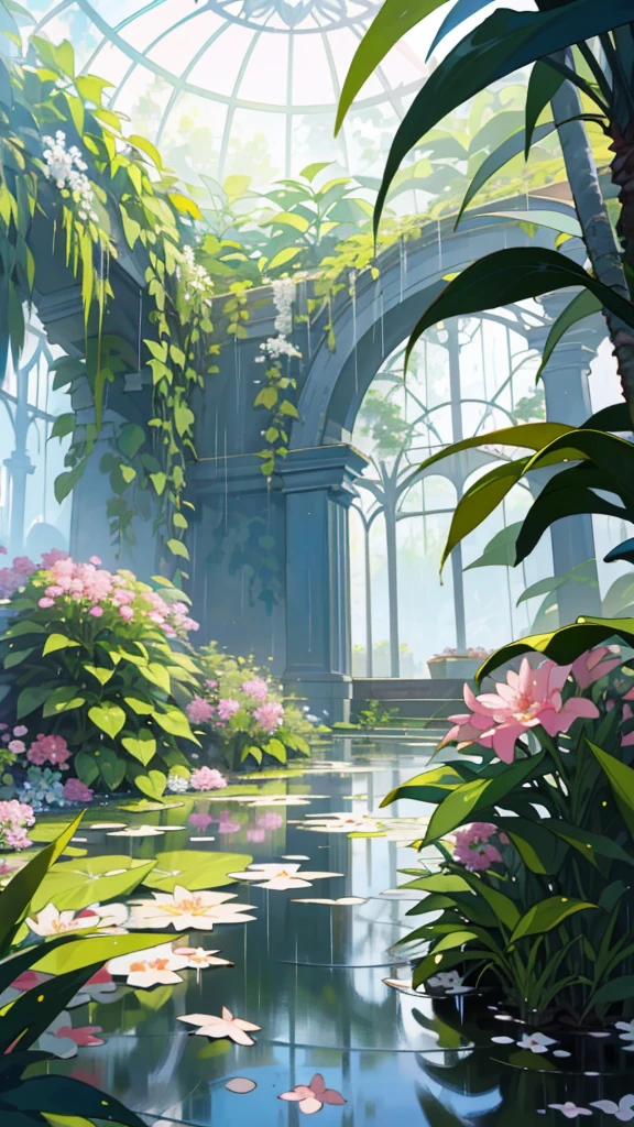 (top quality, masterpiece, ultra-realistic), rainy day, raining, wet ground, puddle, indoor botanical garden, dome, lots of flowers, dense mass plants, the background landscape is a garden with petals and puffs flying around. --v6