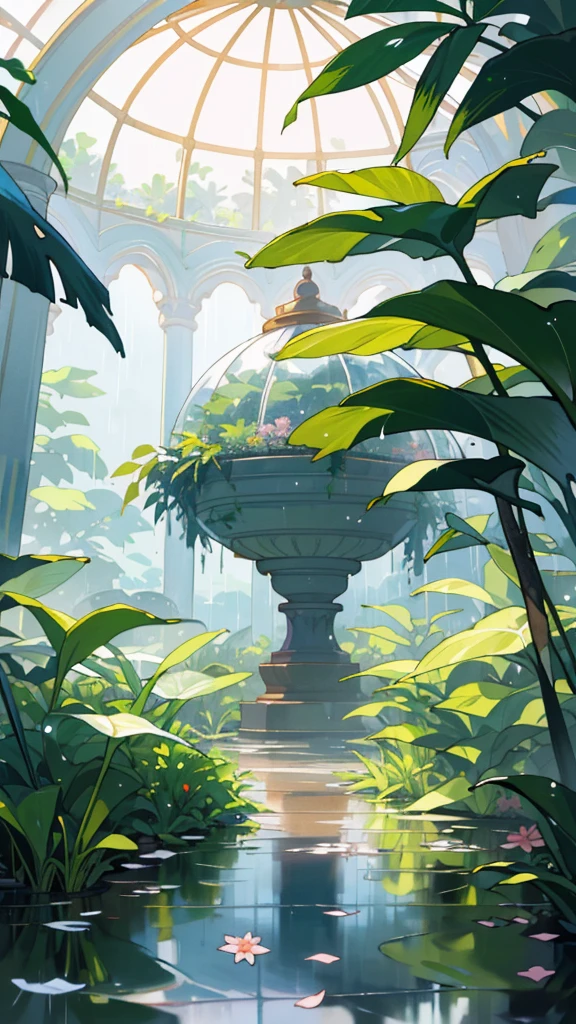 (top quality, masterpiece, ultra-realistic), rainy day, raining, wet ground, puddle, indoor botanical garden, dome, lots of flowers, dense mass plants, the background landscape is a garden with petals and puffs flying around. --v6