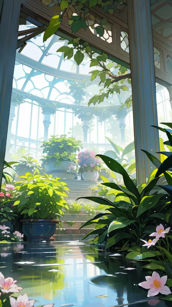 (top quality, masterpiece, ultra-realistic), rainy day, raining, wet ground, puddle, indoor botanical garden, dome, lots of flowers, dense mass plants, the background landscape is a garden with petals and puffs flying around. --v6