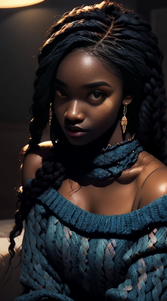 Upper body shot, ((beautiful black woman with flawless dark skin)), long hair with gradient blue glow, clearly defined facial features, big detailed eyes, ((( wearing an off the shoulder sweater))) glowing flowers in the background, masterpiece, best high quality image,96k, uhd, depth of field, 1080P wallpaper, spotlight, character focus, high quality, insanely detailed, UHD picture quality in the style of Amy Sol