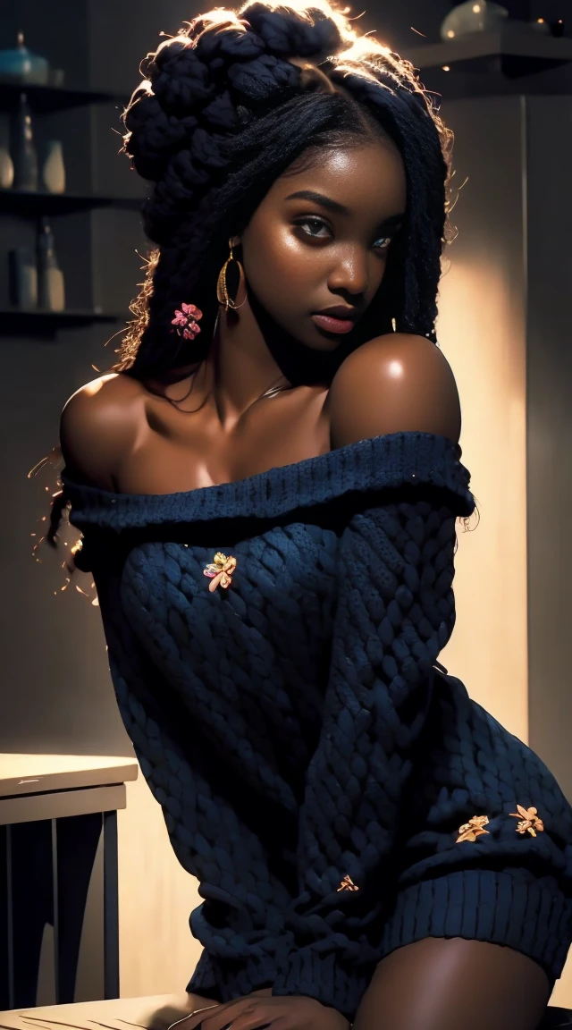 Upper body shot, ((beautiful black woman with flawless dark skin)), long hair with gradient blue glow, clearly defined facial features, big detailed eyes, ((( wearing an off the shoulder sweater))) glowing flowers in the background, masterpiece, best high quality image,96k, uhd, depth of field, 1080P wallpaper, spotlight, character focus, high quality, insanely detailed, UHD picture quality in the style of Amy Sol