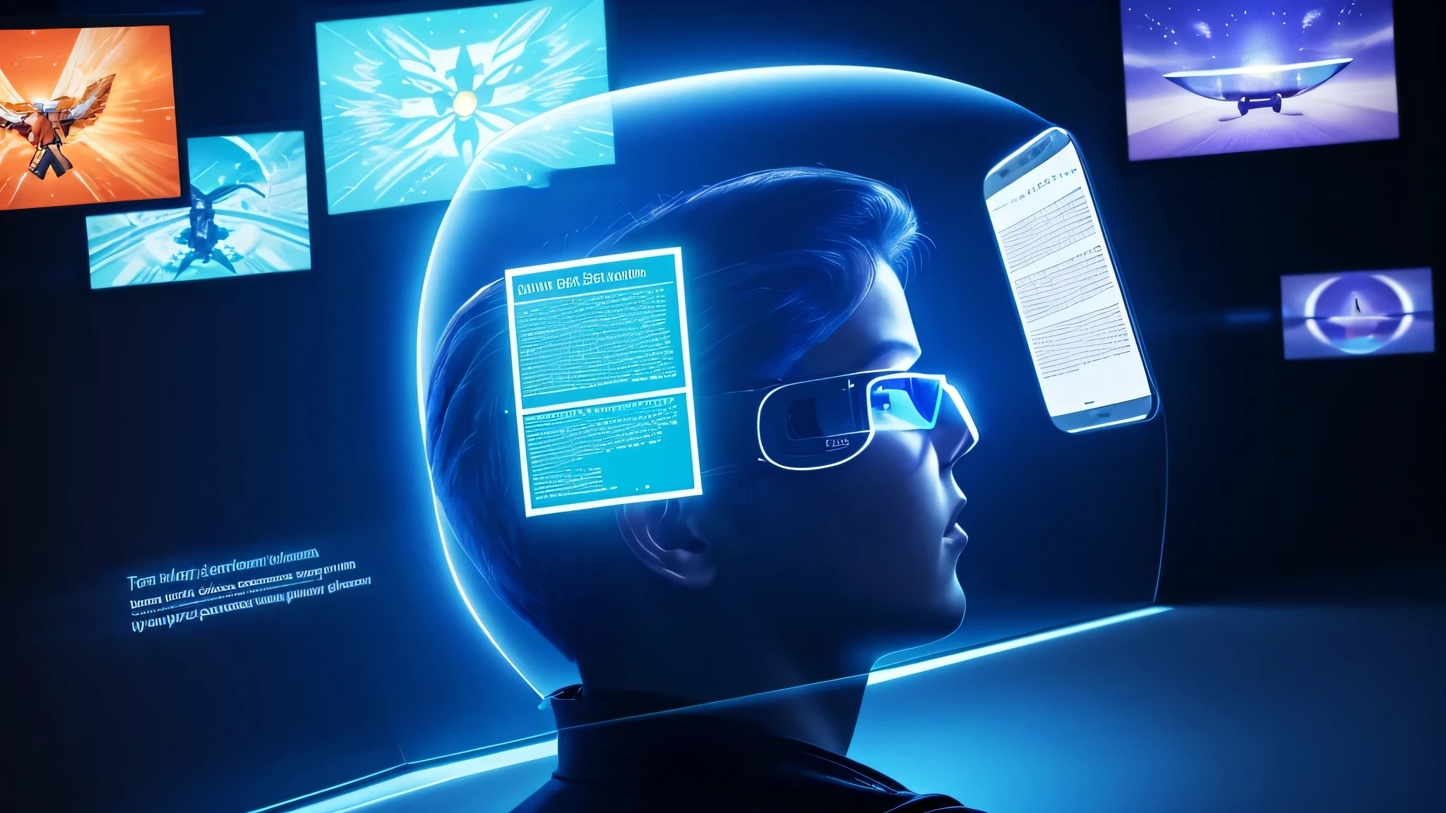 Picture a futuristic scene inside a virtual library of the mind. The backdrop is a digital interface resembling a high-tech library filled with glowing, translucent books hovering in mid-air. In the foreground, a digital avatar of a person with augmented reality glasses is interacting with a holographic display projected from a smartphone.
