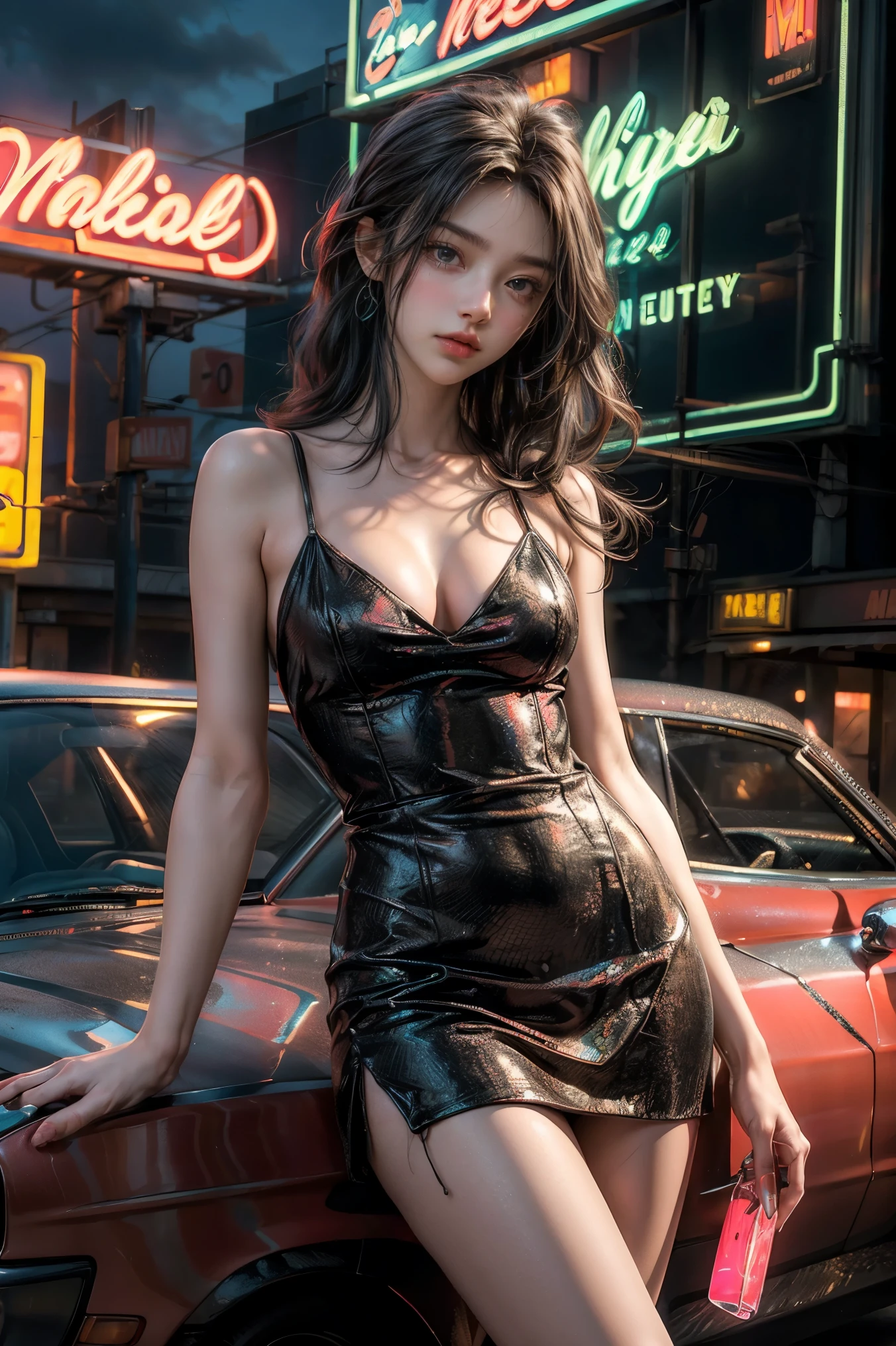 whole body, mechanic's jumpsuit, absurdres, RAW photo, extremely delicate and beautiful, masterpiece, Best Quality, ultra high resolution, 32k, hyperrealistic, ultra-detailed, detailed description, pale skin, 20 years old, detailed beautiful face and eyes, tearful mole, earring, Colossal tits, short medium hair, wavy hair, shorts,