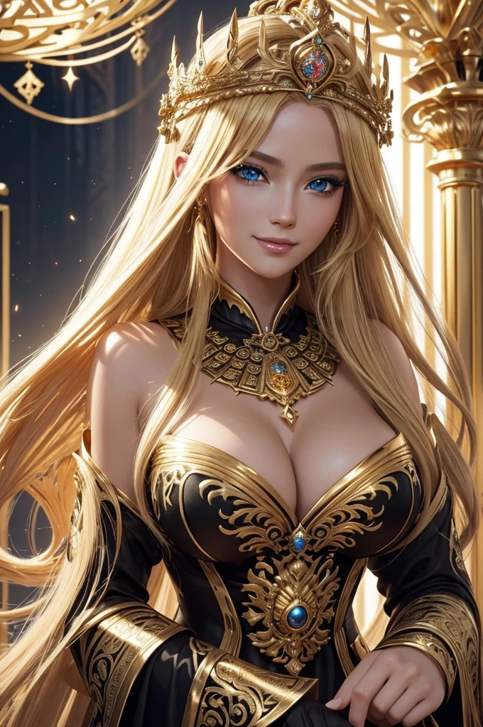 8k,A big breasted Arafo goddess with a black and white exterior, Beautiful fantasy empress with big breasts, ((long blonde hair, blue eyes)), , royal elegant pose, 8k high quality detailed art, elegant cinematic pose, Art 8k 3D rendering characters, ((a beautiful fantasy empress)), goddesses, Goddess. extremely high detail, extremely detailed goddessess shot, 2. 5 d cgi anime fantasy artwork, Holds a luxurious black and gold staff, A high resolution, Super precise hand details, A smile, forest temple, Golden decoration (delicate golden work)tempting,a sexy,Look at the spectators,