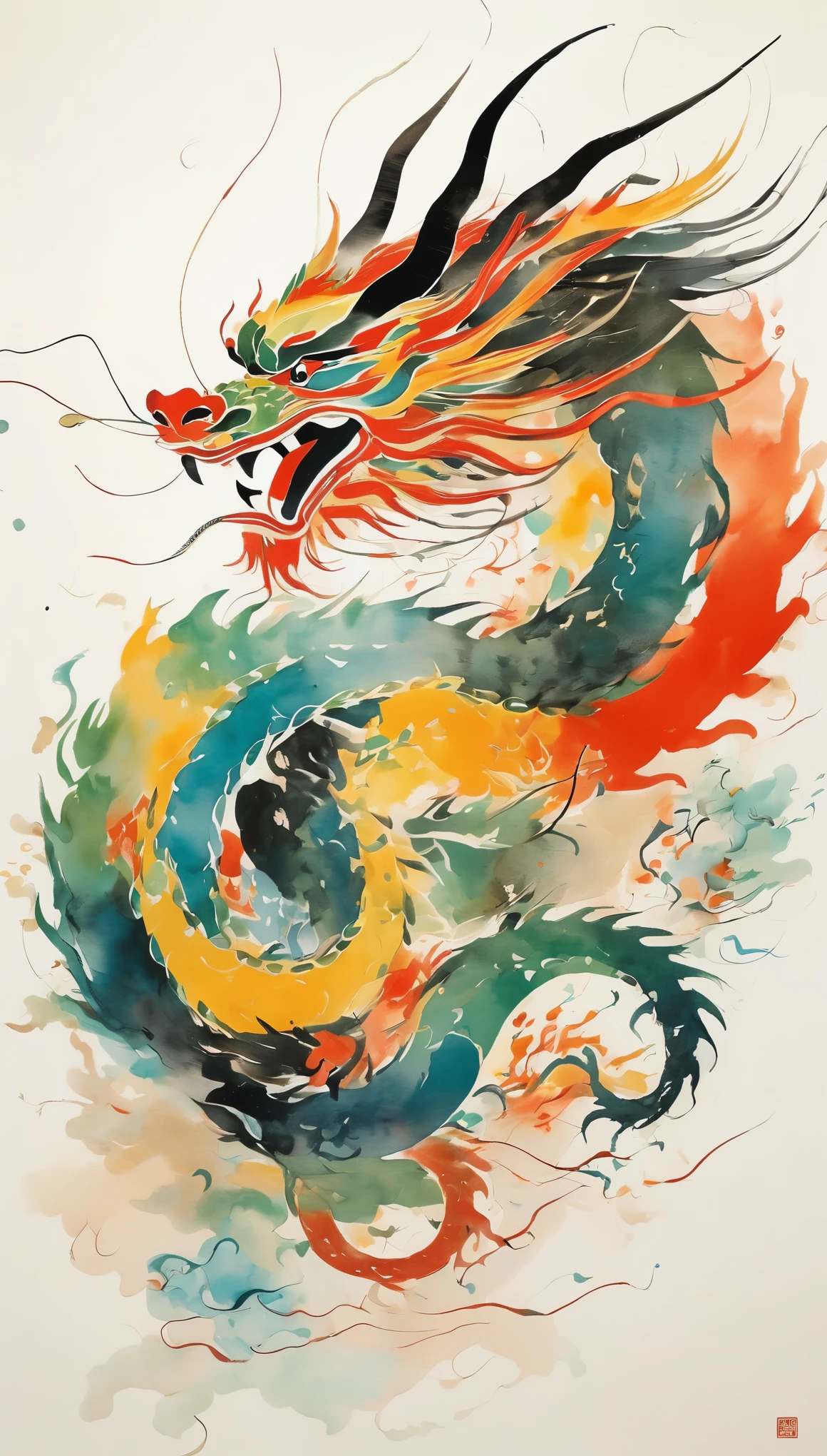 Chinese dragon painted by Wu Guanzhong, very cut dragon, close up head, ink painting atmosphere, abstract and simple lines, illustrations, Picasso, multi color, high end color scheme, white background