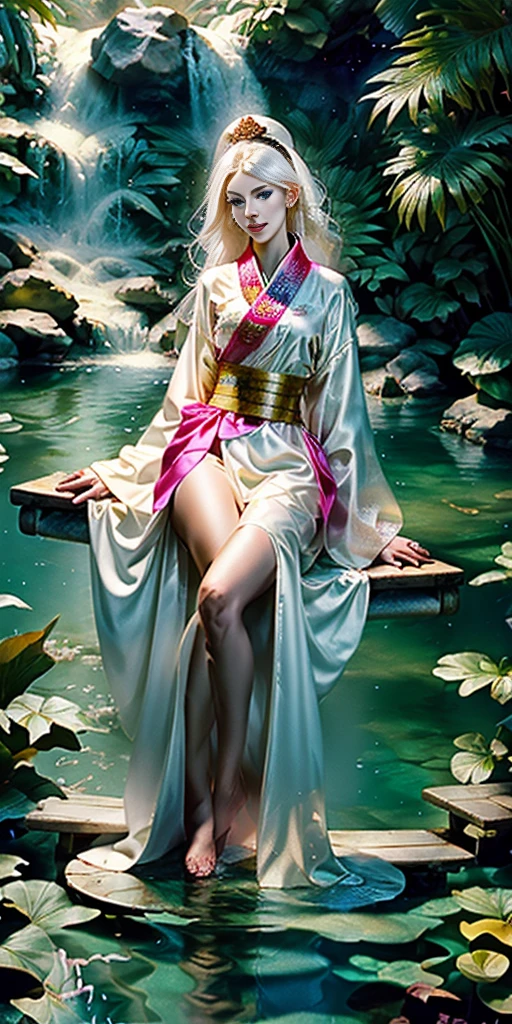 Two-dimensional, ancient style, spring garden, outdoor, white hair, Hanfu, nature, there is a pond in the middle of the courtyard, begonia floating on the pond, girl sitting on a bench in the corridor, wearing a transparent feather robe, holding a bamboo flute, random body posture, intricate details, best quality, ray tracing, rendering, 8K, masterpiece