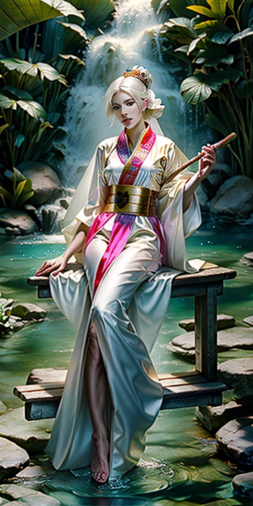 Two-dimensional, ancient style, spring garden, outdoor, white hair, Hanfu, nature, there is a pond in the middle of the courtyard, begonia floating on the pond, girl sitting on a bench in the corridor, wearing a transparent feather robe, holding a bamboo flute, random body posture, intricate details, best quality, ray tracing, rendering, 8K, masterpiece