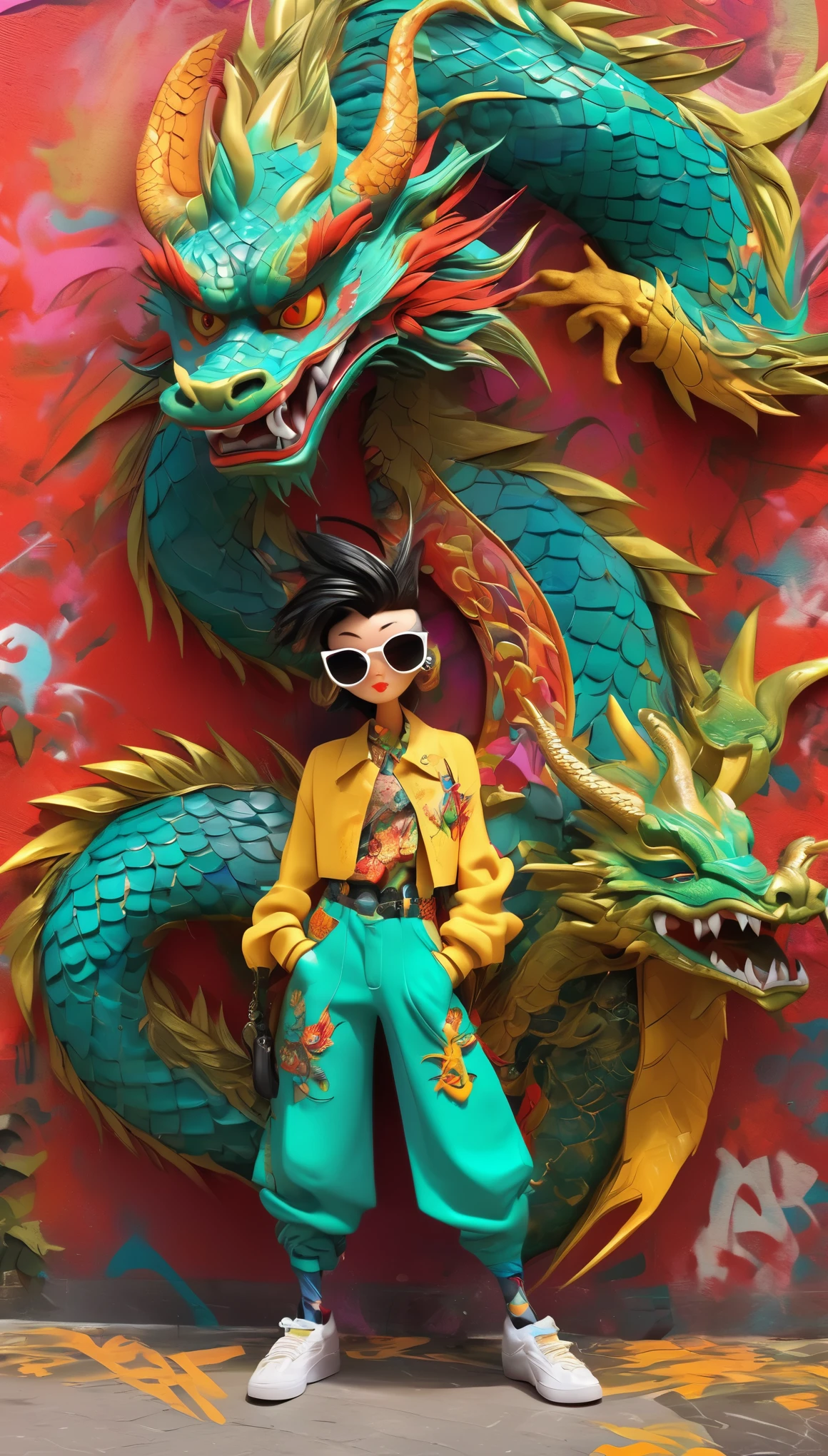in style of Thierry Mugler,Pixar style, a humanized Chinese dragon wearing fashionable clothes, pants, and shoes, graffiti artist background, punk style, sunglasses, rich colors, masterpieces, ultra-high details, OC rendering