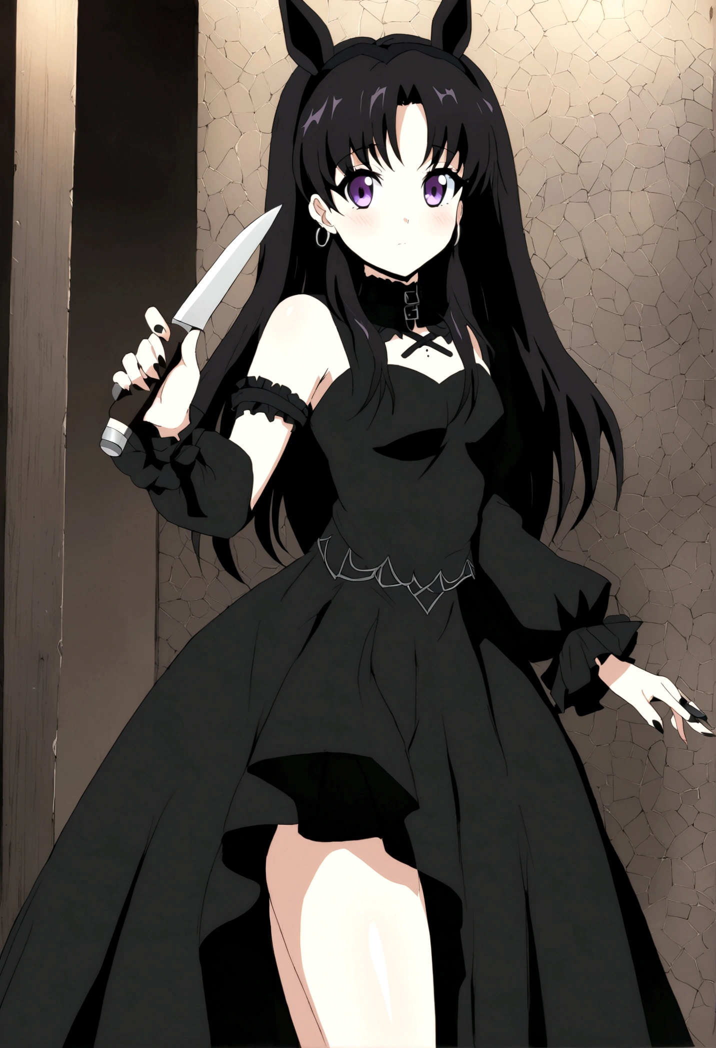 Anime Girls with a knife in her hand, Gothic maiden Anime Girls, Anime Girls wearing a black dress, Fate-like anime style/Stay Night, Anime Moe Art Style, (Anime Girls), Gap Moe Yandere Grimdark, 1 7 year old anime goth girl, Mysterious Girl, By Ren, Tohsaka Rin, Gothic!!, Kurohime cut hair　Horse ears　Horse Girl