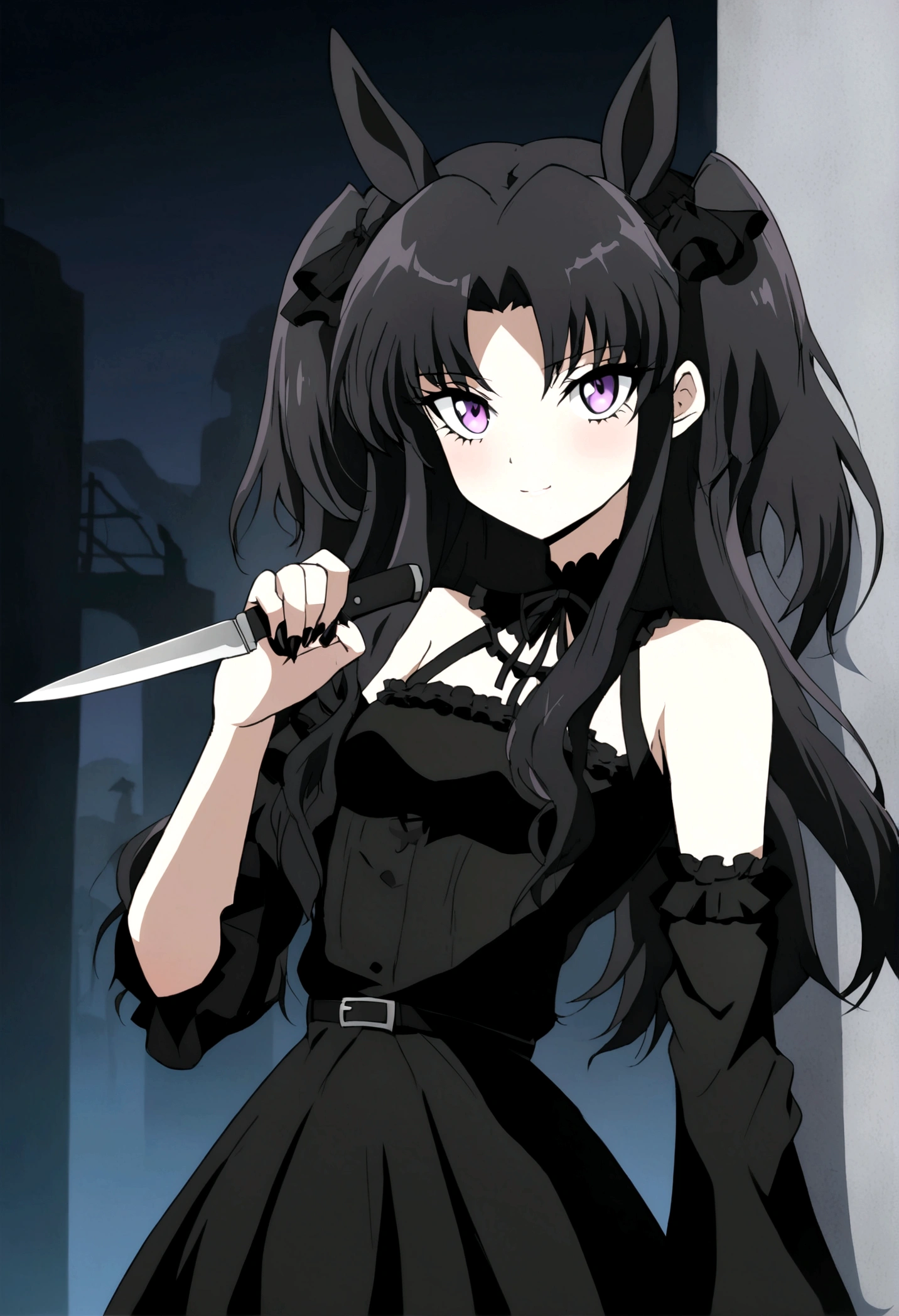 Anime Girls with a knife in her hand, Gothic maiden Anime Girls, Anime Girls wearing a black dress, Fate-like anime style/Stay Night, Anime Moe Art Style, (Anime Girls), Gap Moe Yandere Grimdark, 1 7 year old anime goth girl, Mysterious Girl, By Ren, Tohsaka Rin, Gothic!!, Kurohime cut hair　Horse ears　Horse Girl