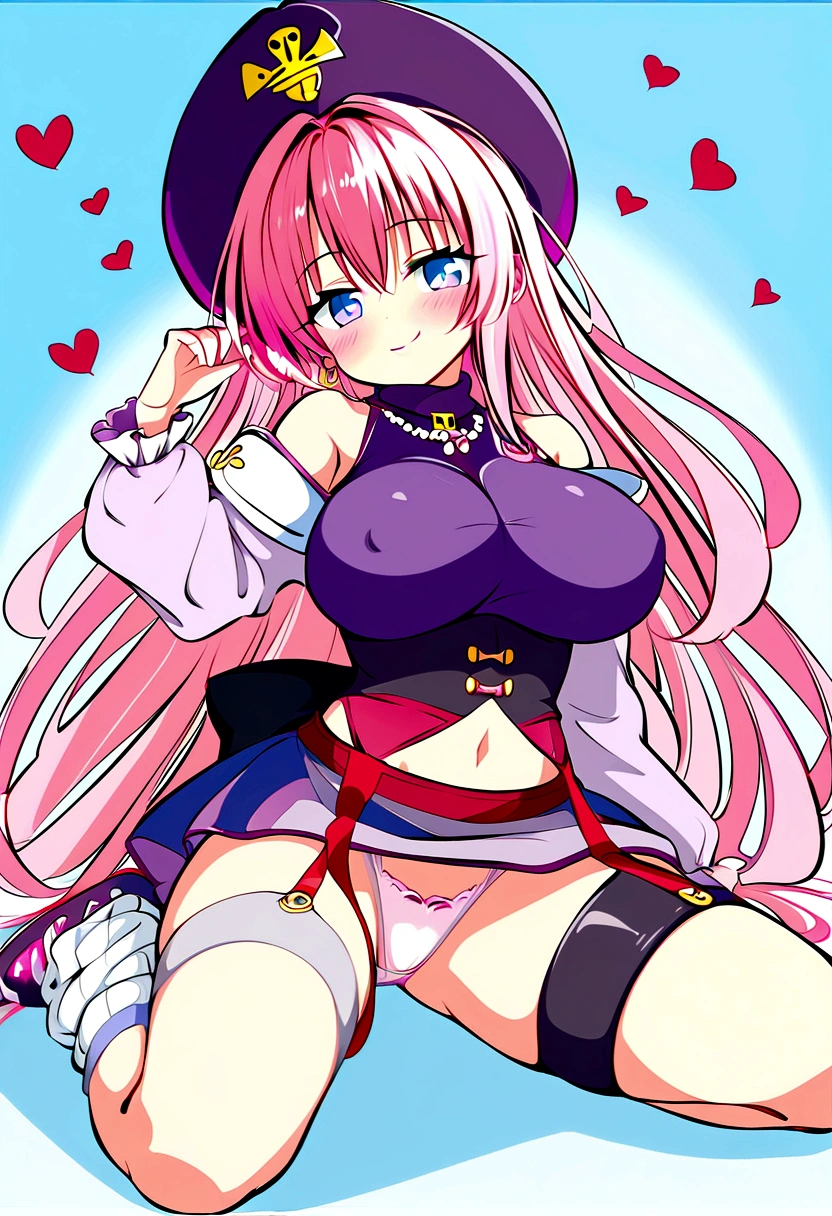 To Love-Ru、Purple off-the-shoulder mini skirt dress、Pink Hair、Big Breasts、White panties、Light purple loose socks、Provocative look、Raw thighs、Light blue eyes、Garter belt on left thigh only