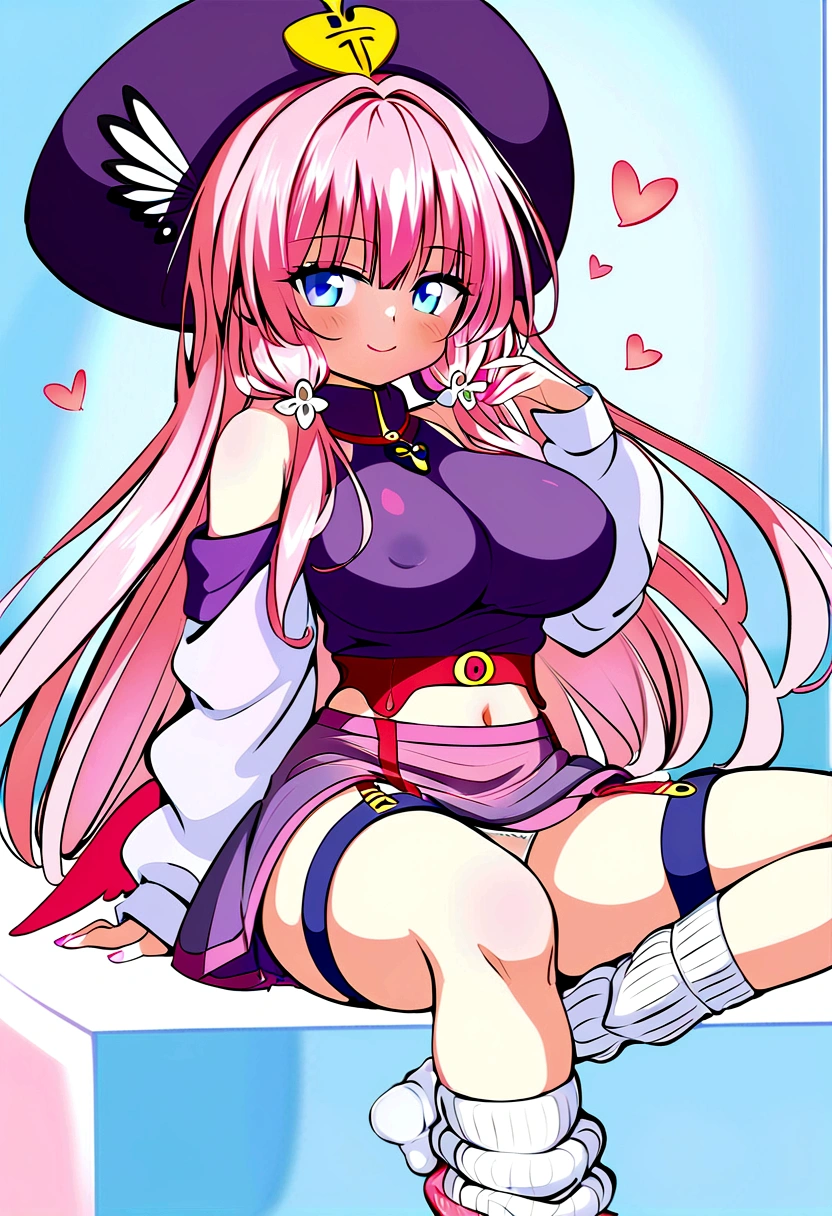 To Love-Ru、Purple off-the-shoulder mini skirt dress、Pink Hair、Big Breasts、White panties、Light purple loose socks、Provocative look、Raw thighs、Light blue eyes、Garter belt on left thigh only