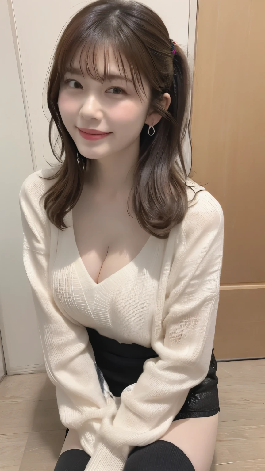 On the table、best quality、Photorealism、Finely、high resolution、８wallpaper、Perfect dynamic posture、Beautiful slender eyes and long hair、（Big plump breasts 1.3）、casual sexy pose、Random situations、Selfie Angle，Close Range，Looking at the camera，（Tight round neck black mesh lace shirt）、、Gentle smile、20years old、（Perfect Eyes 1.3）、Mature adult beauties、Japanese、Full body portrait、Full body photo、mini skirt、オフショルダーワンピース、Very large breasts、Showing cleavage、Black knee-high socks