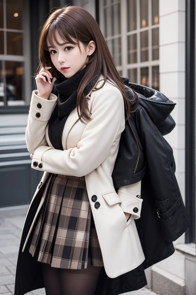 Create a photo of a woman, with very light brown hair, wearing a plaid skirt, white blouse under a black coat, tights and high boots