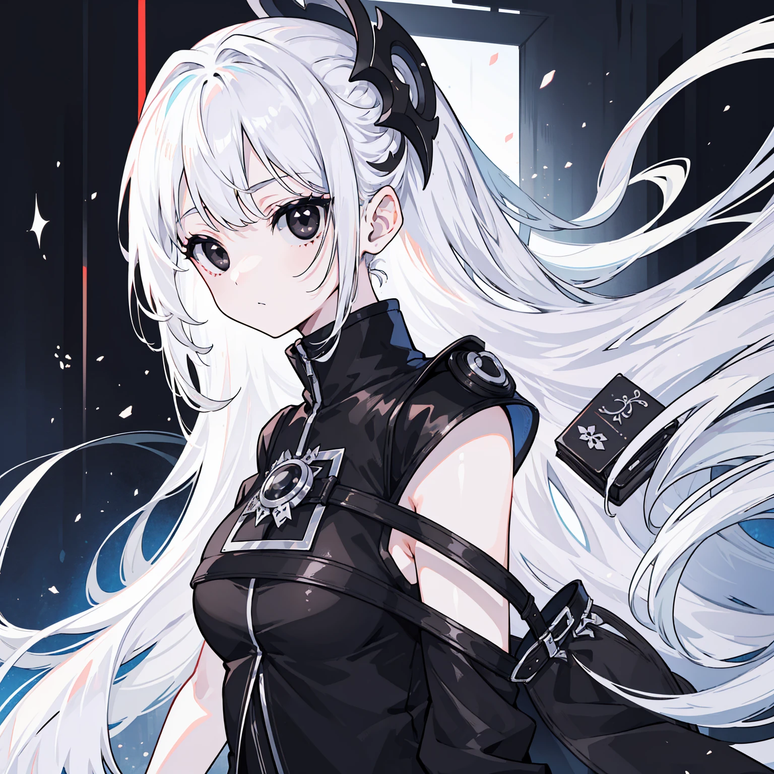 (Top image quality)、(Ultra Detailed)、(Facing forward)、top quality、masterpiece、(((1 girl)))、Silver Hair、white hair、((Long hair))、(black eyes:1.6)
