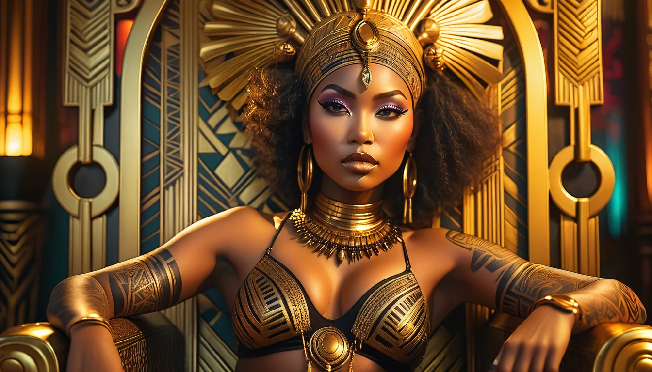 Ghotic woman afro cut with big bare breasts and piercing on the of gold chains castle