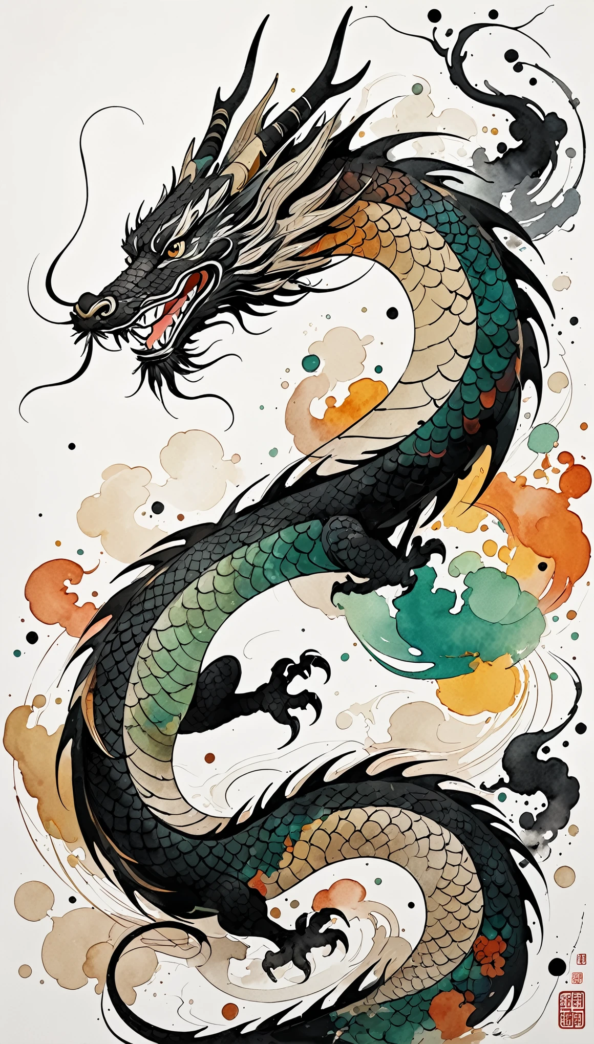 Chinese dragon painted by Wu Guanzhong, very cut dragon, close up head, ink painting atmosphere, abstract and simple lines, illustrations, Picasso, multi color, high end color scheme, white background