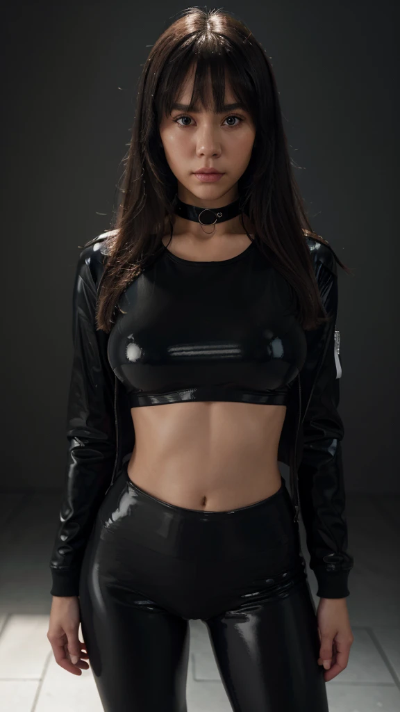 grey background blank, girl, ulzzang, fit body, healthy skin, long hair with bangs, black latex leggings with reflective effect, white tanktop shirt, bomber jacket, choker, standing pose, professional model, beautiful, big boob, high detailed face, amateur taken style photo, high detailed anatomy, high detailed texture images, flash light comes from the front, realistic, cinematic shot, dynamic lighting, 75mm, Technicolor, Panavision, cinemascope, sharp focus, fine details, 8k, HDR, realism, realistic, key visual, film still, cinematic color grading, depth of field