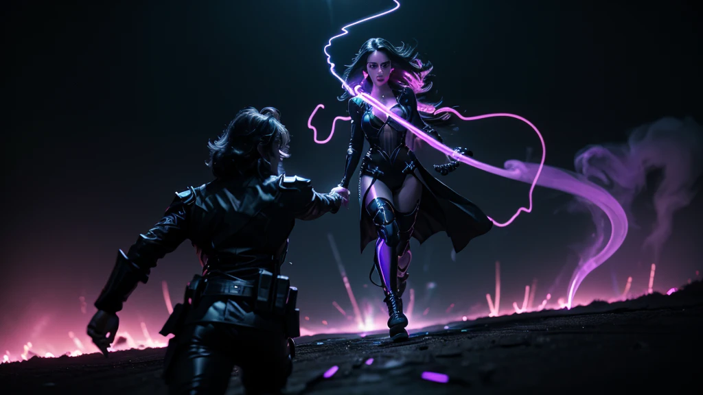 prince of darkness hold hand and running with a beautiful sultry female, that's glowing in the darkness, running through the futuristic battlefield, neon colors, high detail, long shot, wide shot, 4K, 3D, REALISTIC, (iridescent glow smoke), UHD, 32K, very bold neon colors, black light, neon light