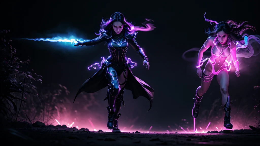 prince of darkness hold hand and running with a beautiful sultry female, that's glowing in the darkness, running through the futuristic battlefield, neon colors, high detail, long shot, wide shot, 4K, 3D, REALISTIC, (iridescent glow smoke), UHD, 32K, very bold neon colors, black light, neon light