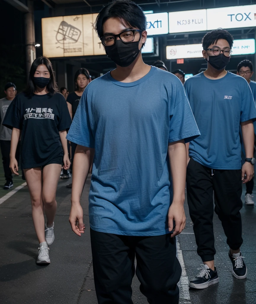 18 year old Shanghai boy, he is ((oversized xxl blue plain T shirt)), wearing black pants, wearing sneakers, wearing glasses, night club, full body, (he is 한국 머리카락입니다) k pop style, black mask, walking