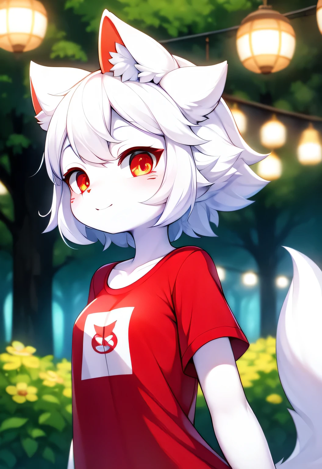 velues, white fur, ultra cute face, red elements on the skin, bright t-shirt, Beautiful lights and shadows, ambient light, ultra detailed skin, volumetric light
