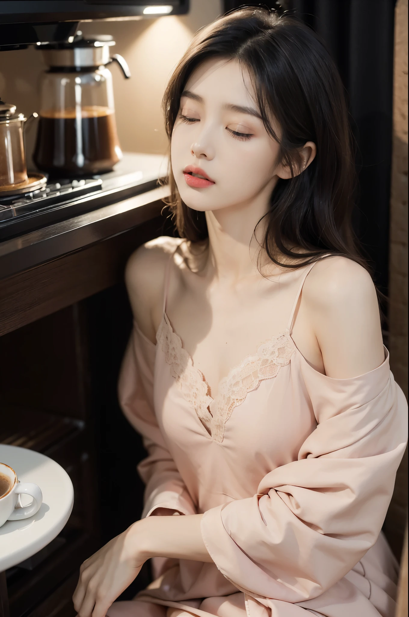 (((best quality))),(((ultra detailed))),(((masterpiece))),illustration,((1 beautiful young girl,solo,)),((slim,thin)),((small breasts,flat chest)),(shoulder length straight bob hair:1.2),(round face:1.2),delicate, sitting on the chair beside the dining table,(lace pajama dress:1.3),luxurious, exquisite, smooth skin, delicate facial features, pouted lips, doll-like appearance,(a cup of coffee:1.3), blinking,((close eyes,open mouth,female orgasmic,blush,ahegao, tongue sticking out)), exhaling, soft light, warm glow, pitch-black kitchen, dim light, eerie atmosphere, mysterious, soft hum, air conditioner, ticking clock, tranquil, ominous, otherworldly feel,darkness, loneliness, unaware, world outside,(from front,upper body),(night scene:1.5)