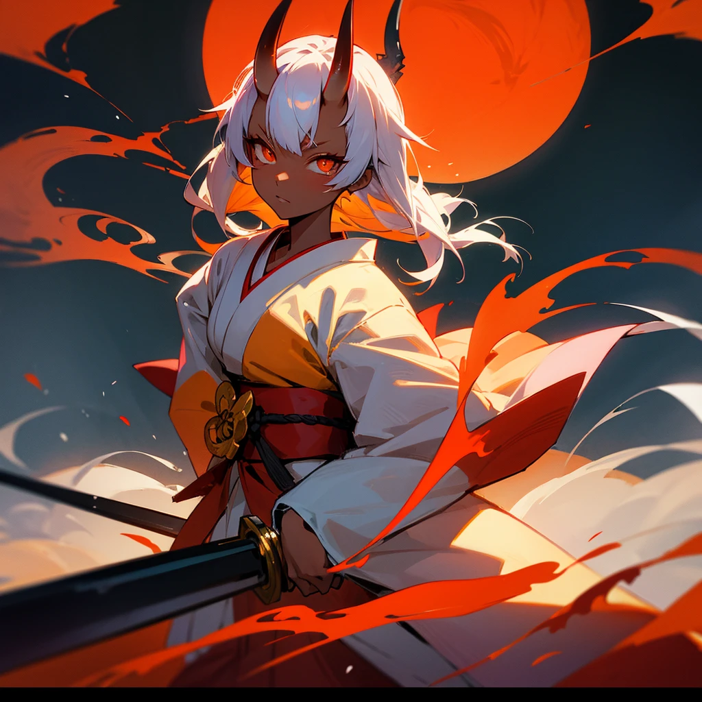 Anime Oni Girl, Oni horns, orange eyes, dark skin, kimono, holding sword, japanese temple on background