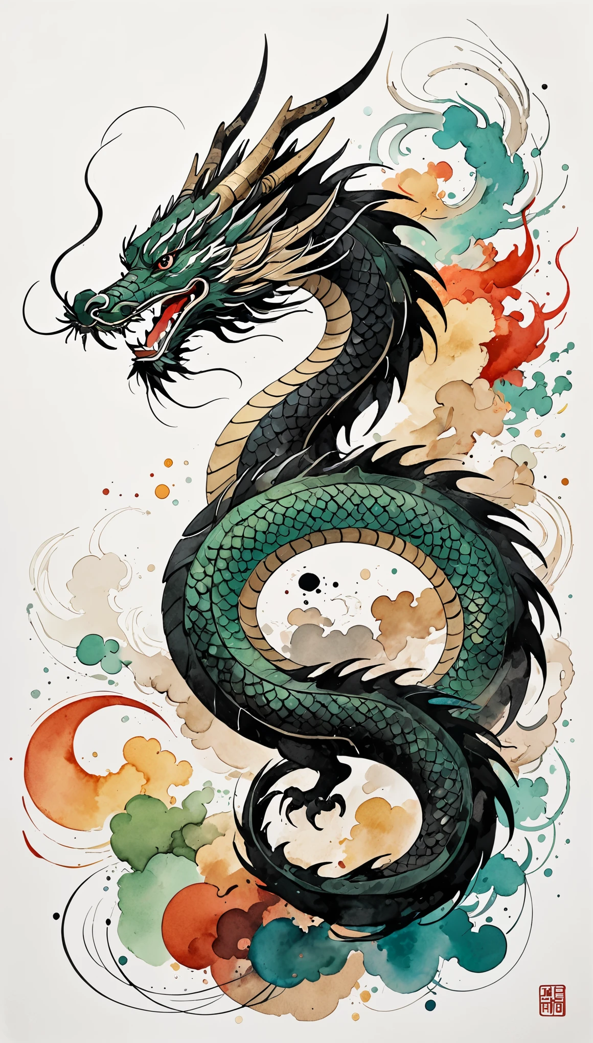 Chinese dragon painted by Wu Guanzhong, very cut dragon, close up head, ink painting atmosphere, abstract and simple lines, illustrations, Picasso, multi color, high end color scheme, white background