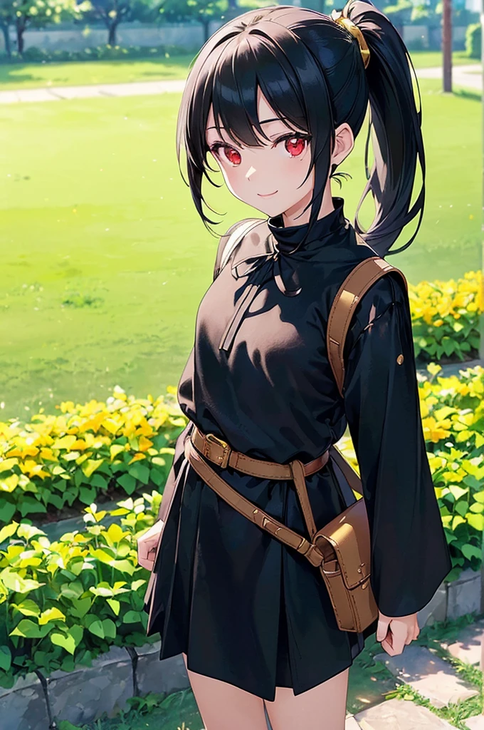 (masterpiece; best quality: 1.2), (finely detailed eyes: 1.3), ((10 year old female kid)), ((solo)), (red eyes: 1.4), (body; short, slender, small breasts: 1.3), (black hair in ponytail: 1.3), (beautiful and clear background: 1.2), ((depth of field)), (clothes: wanderer mage attire + white-and-gold wide-sleeve high-neck shirt + long black skirt + belts + traveler pouches and satchel: 1.3), (anime illustration: 1.2), (background; garden exterior: 1.1), (extremely fine and beautiful: 1.1), (shot composition; standing + centered on torso + close-up: 1.5), (expression; calm, smile: 1.2)