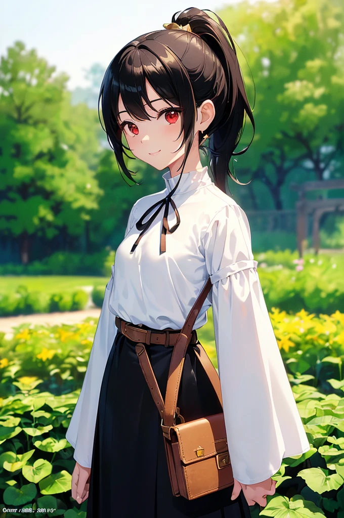 (masterpiece; best quality: 1.2), (finely detailed eyes: 1.3), ((10 year old female kid)), ((solo)), (red eyes: 1.4), (body; short, slender, small breasts: 1.3), (black hair in ponytail: 1.3), (beautiful and clear background: 1.2), ((depth of field)), (clothes: wanderer mage attire + white-and-gold wide-sleeve high-neck shirt + long black skirt + belts + traveler pouches and satchel: 1.3), (anime illustration: 1.2), (background; garden exterior: 1.1), (extremely fine and beautiful: 1.1), (shot composition; standing + centered on torso + close-up: 1.5), (expression; calm, smile: 1.2)