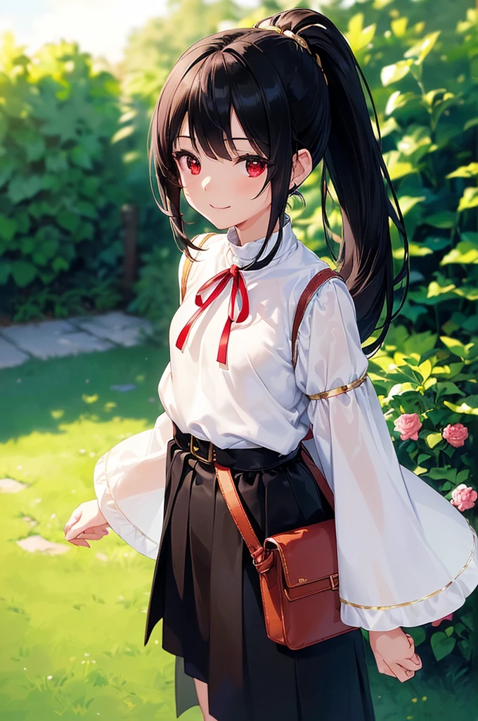 (masterpiece; best quality: 1.2), (finely detailed eyes: 1.3), ((10 year old female kid)), ((solo)), (red eyes: 1.4), (body; short, slender, small breasts: 1.3), (black hair in ponytail: 1.3), (beautiful and clear background: 1.2), ((depth of field)), (clothes: wanderer mage attire + white-and-gold wide-sleeve high-neck shirt + long black skirt + belts + traveler pouches and satchel: 1.3), (anime illustration: 1.2), (background; garden exterior: 1.1), (extremely fine and beautiful: 1.1), (shot composition; standing + centered on torso + close-up: 1.5), (expression; calm, smile: 1.2)