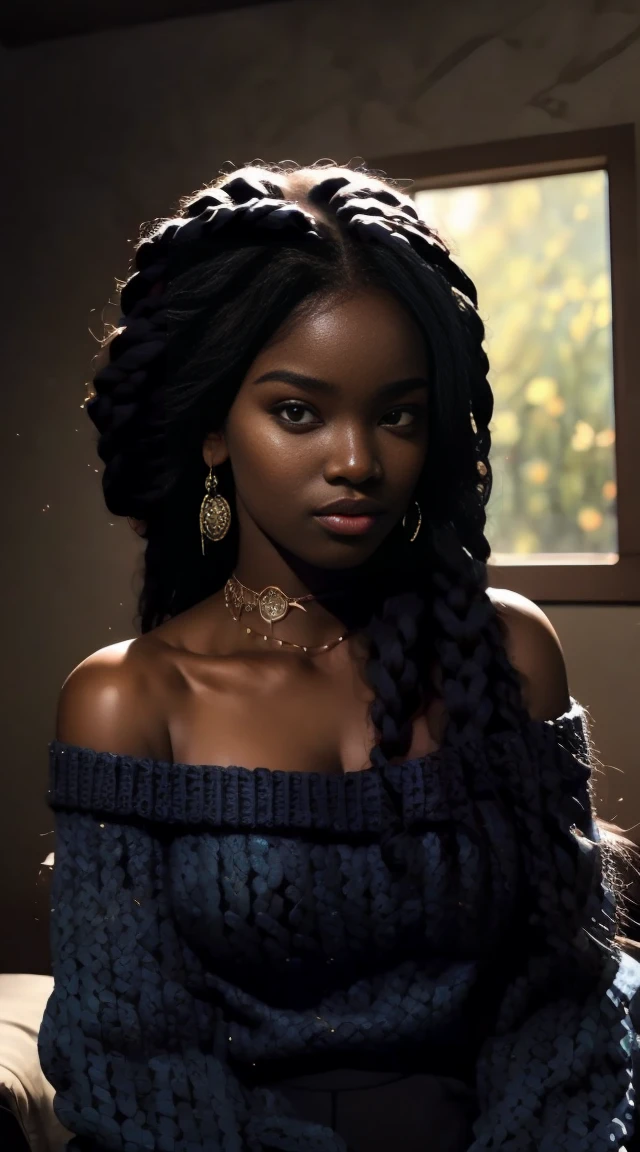 Upper body shot, ((beautiful black woman with flawless dark skin)), long hair with gradient blue glow, clearly defined facial features, big detailed eyes, ((( wearing an off the shoulder sweater))) glowing flowers in the background, masterpiece, best high quality image,96k, uhd, depth of field, 1080P wallpaper, spotlight, character focus, high quality, insanely detailed, UHD picture quality in the style of Amy Sol