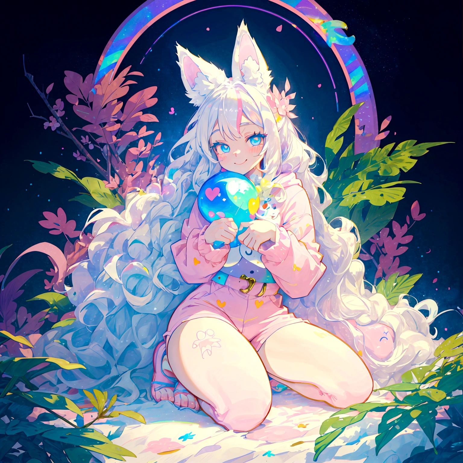 a cute adult male with wolf ears, long white hair, long locks, has a wolf tail, thick thighs, wide hips, short, wearing pink romper with a hood and pink shorts, has heart on chest, has bunny ears on hood, very slim, showing slender tummy, squishy thighs, has glowing blue eyes. alone, solo (ALONE)(SOLO), surrounded by rainbows, colorful galaxy backround, smiling, on knees ontop of a pile of fluffy plushes, plushies everywhere, kawaii plushies, surrounded by bubbles, surrounded by rainbow leaves, thicc thighs, stretching out, hands covered