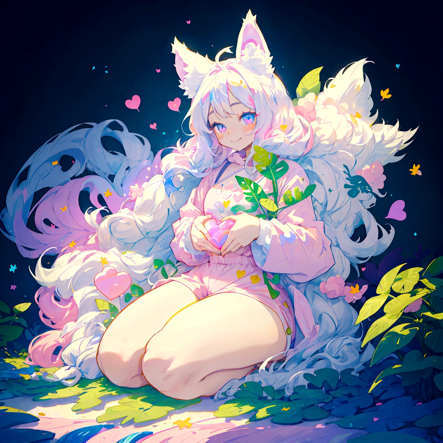 a cute adult male with wolf ears, long white hair, long locks, has a wolf tail, thick thighs, wide hips, short, wearing pink romper with a hood and pink shorts, has heart on chest, has bunny ears on hood, very slim, showing slender tummy, squishy thighs, has glowing blue eyes. alone, solo (ALONE)(SOLO), surrounded by rainbows, colorful galaxy backround, smiling, on knees ontop of a pile of fluffy plushes, plushies everywhere, kawaii plushies, surrounded by bubbles, surrounded by rainbow leaves, thicc thighs, stretching out, hands covered