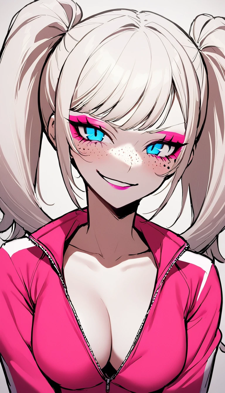 1 Girl, Neon Pink Tracksuit, Neon Pink Makeup, Medium Breasts, Blue Eyes, Platinum White Hair, Twin Tail Hair Style, Pale White Skin, Smooth Skin, Face Freckles, Nice Cleavage, Slutty, Sexy, Sassy, Smirking, Tease, Teasing