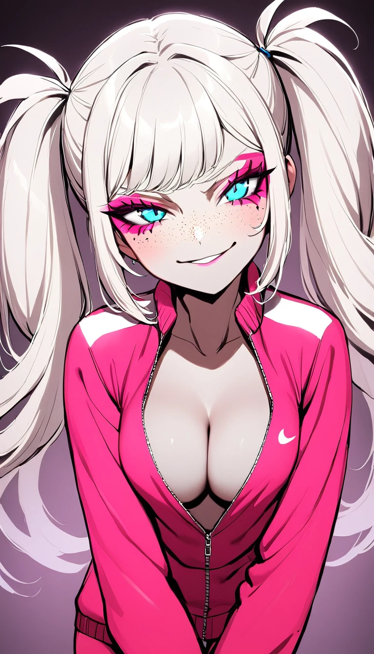 1 Girl, Neon Pink Tracksuit, Neon Pink Makeup, Medium Breasts, Blue Eyes, Platinum White Hair, Twin Tail Hair Style, Pale White Skin, Smooth Skin, Face Freckles, Nice Cleavage, Slutty, Sexy, Sassy, Smirking, Tease, Teasing