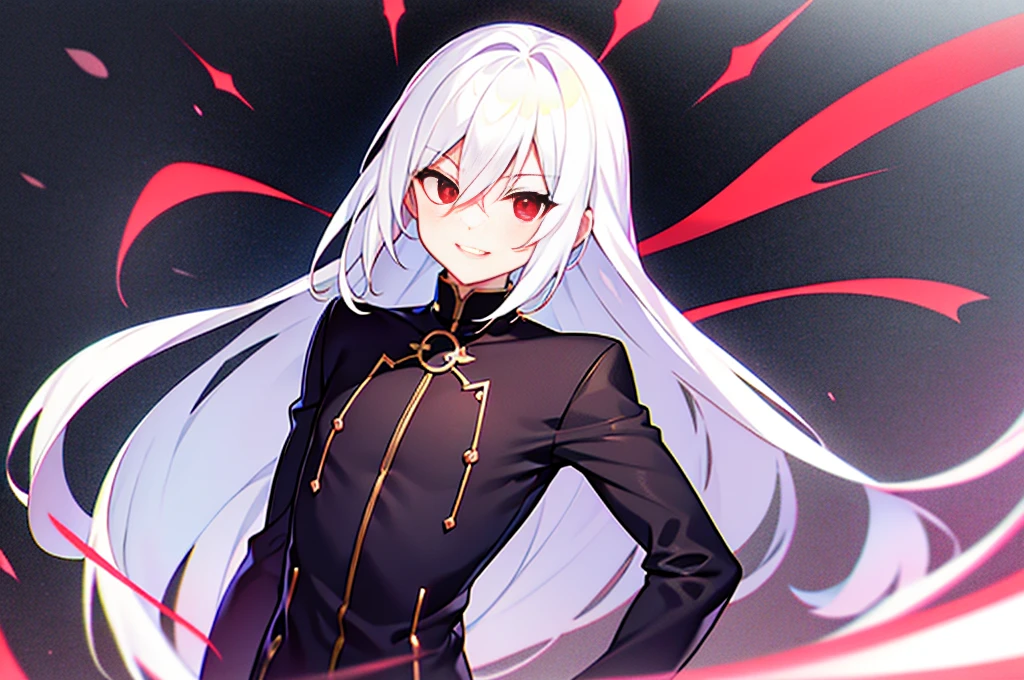 hight resolution,close range、Anime boy with white hair and red eyes staring at camera, Glowing red eyes,slim, dressed in a black outfit,Shadow Body,colorful backdrop,hair messy,yameroyandere, (Crazy smile:1.2)、Diagonal angle