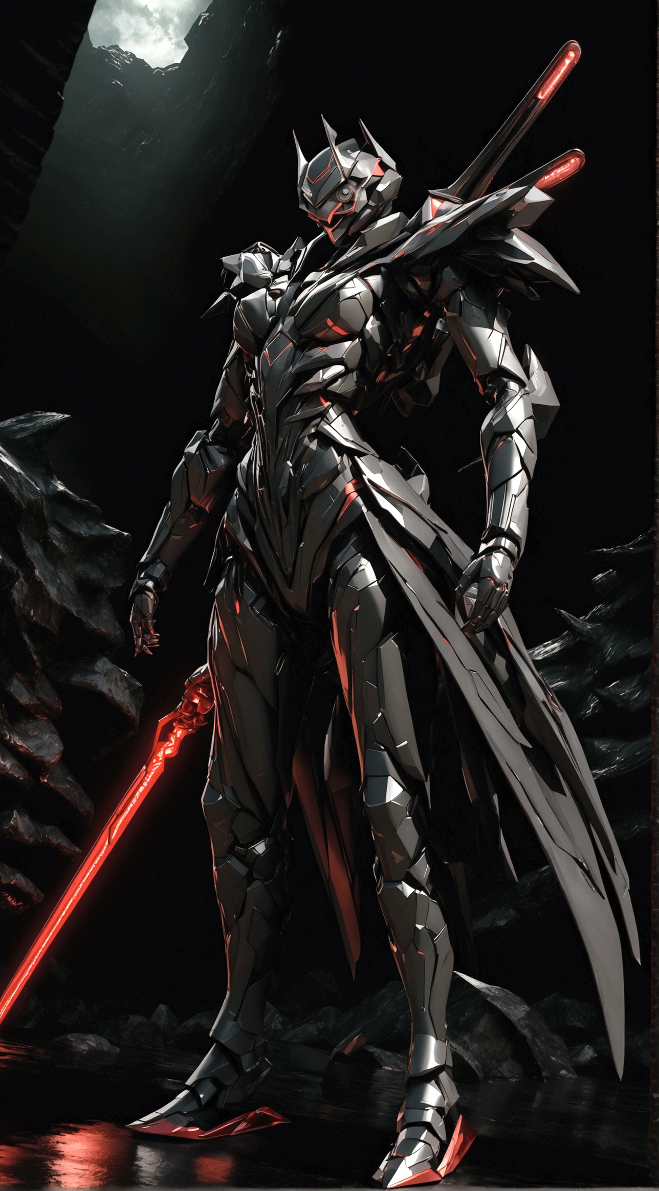 Glowing cybernetic elements, intricate machinery, smooth and angular body shapes, metallic sheen, strong and imposing presence, dramatic lighting, cinematic compositions, dark and gloomy sci-fi atmosphere, dystopian settings, surreal 3D rendering, 8K, photorealistic, masterpiece, alien, erosion, fusion, powered suit