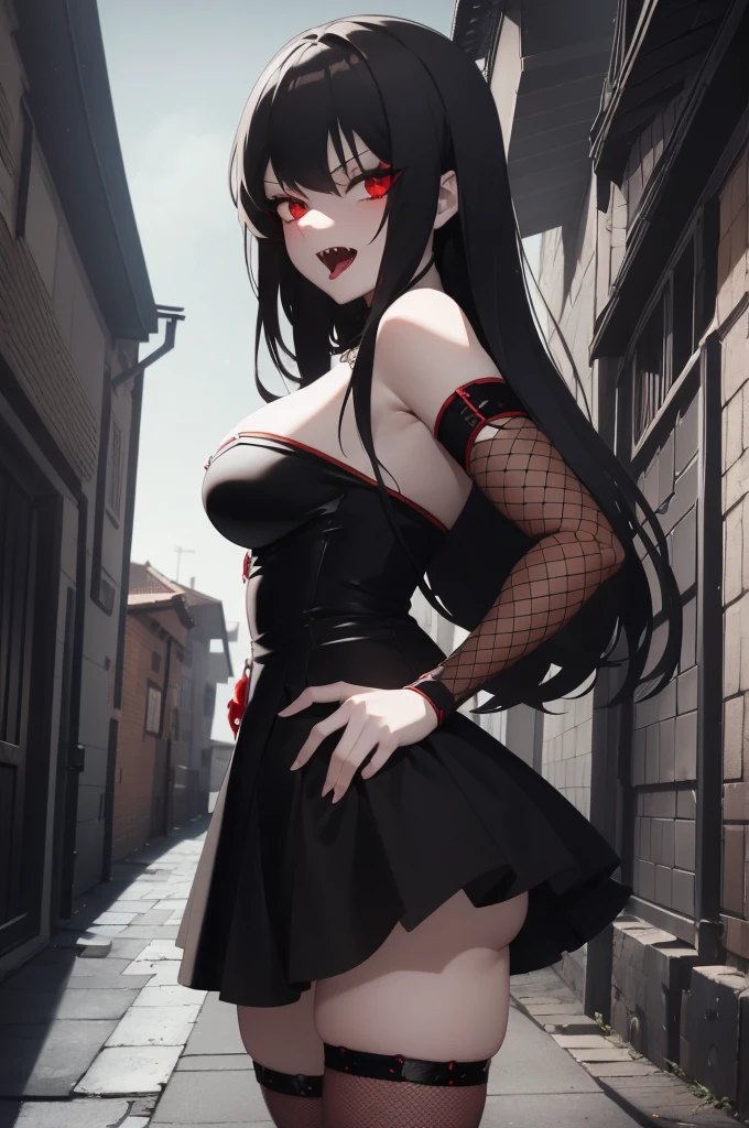 character art, anime inspired, vampire, female, pale skin, red eyes, long thick black hair, beautiful, seductive, black dress, fishnet thigh highs, open mouth with two fangs, in a dark alleyway, night sky, leaning forward