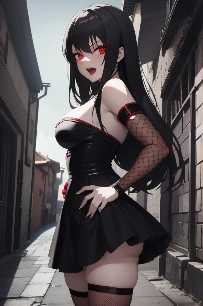 character art, anime inspired, vampire, female, pale skin, red eyes, long thick black hair, beautiful, seductive, black dress, fishnet thigh highs, open mouth with two fangs, in a dark alleyway, night sky, leaning forward