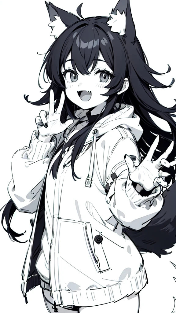 masterpiece, best quality, ultra-detailed, beautiful, nai3, 1girl, solo, smile, wolf girl, wolf ears, wolf tail, fluffy, messy hair, black hair, fangs, open mouth, :d, open jacket, claw pose, sharp fingernails, black nails, (moe artstyle:1.2), (scribble lineart1.2), (messy lineart:1.2), (sketch:1.3)