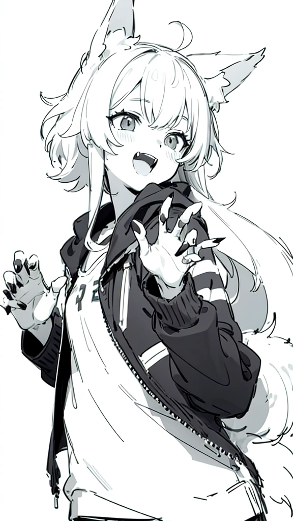 masterpiece, best quality, ultra-detailed, beautiful, nai3, 1girl, solo, smile, wolf girl, wolf ears, wolf tail, fluffy, messy hair, black hair, fangs, open mouth, :d, open jacket, claw pose, sharp fingernails, black nails, (moe artstyle:1.2), (scribble lineart1.2), (messy lineart:1.2), (sketch:1.3)