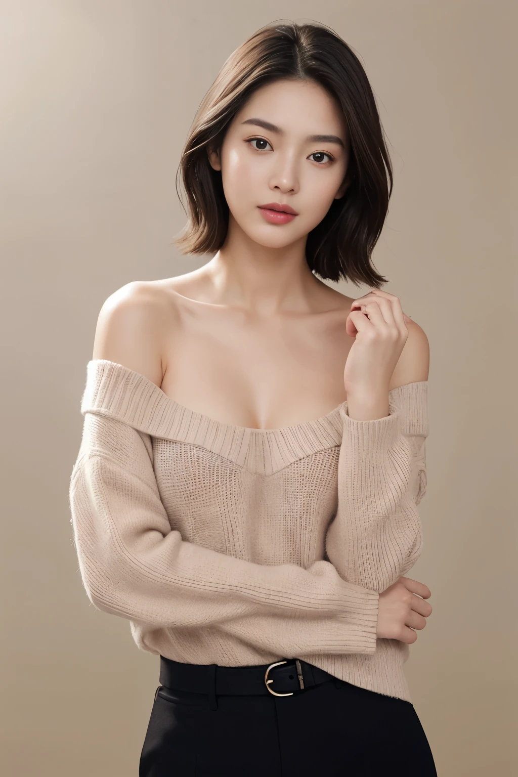 (colored picture), Photo realistic of beautiful asian、slender abs, (Highlight Haircutreast A Cup:1.2), small breast, round shape breast, perfect shape breast,(( )), She should have a serene expression, with large, expressive eyes and rosy lips. The woman is wearing an elegant  pink, off-the-shoulder sweater, with a hint of a (((black strap visible))), set against a soft, neutral background that emphasizes her gentle and stylish appearance