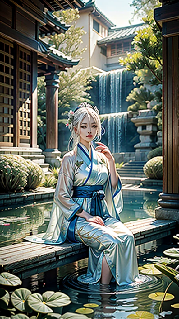 Two-dimensional, ancient style, spring garden, outdoor, white hair, Hanfu, nature, there is a pond in the middle of the courtyard, begonia floating on the pond, girl sitting on a bench in the corridor, wearing a transparent feather robe, holding a bamboo flute, random body posture, intricate details, best quality, ray tracing, rendering, 8K, masterpiece