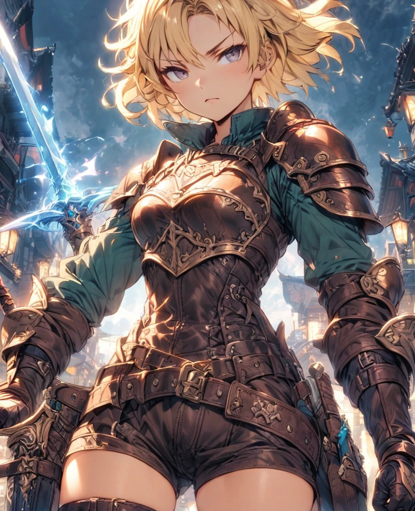 boyish Berry Short Slanted Eyes Thighs Blonde Swordsman Two-Way Short Dagger Leather Armor